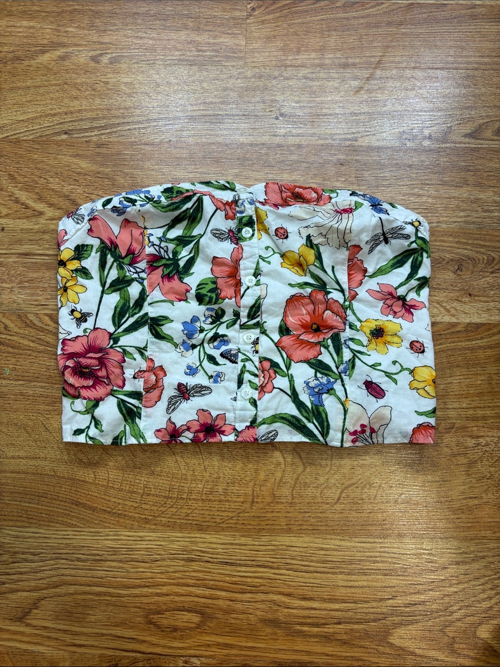 Hollister Floral Strapless Crop Top in White with Pink, Red, Yellow & Green